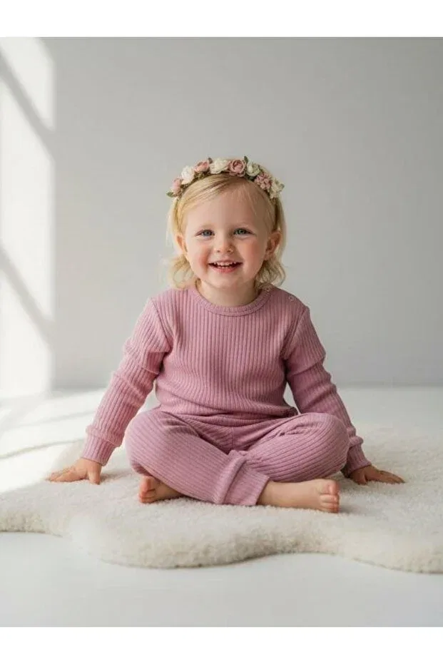 Детский комплект из хлопка с принтом Baby Girl Cotton Ribbed Tracksuit Set Zekids, Rose Dry — фото 3