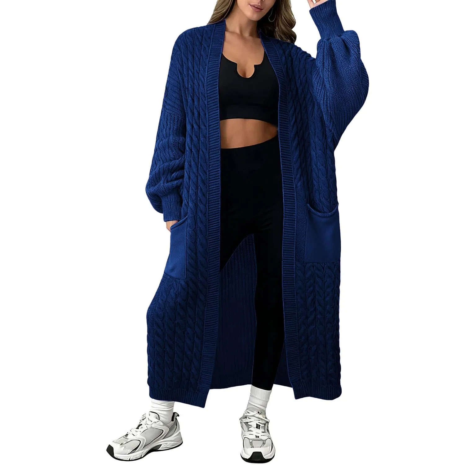 Женский удлиненный кардиган крупной вязки с карманами Plian Elegant Open Front Coat, Blu