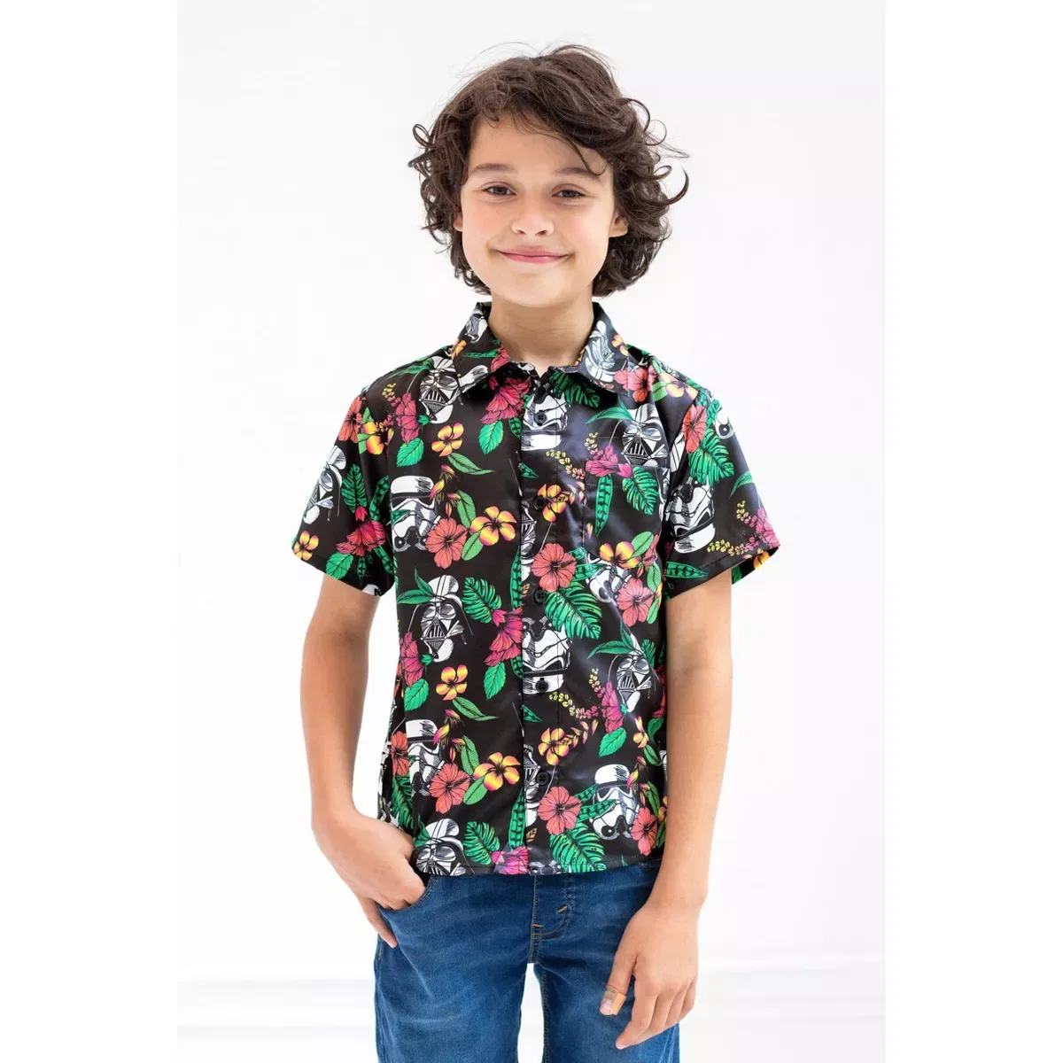 Детское платье-рубашка с принтом Star Wars Stormtrooper Darth Vader Hawaiian Button Down Dress Shirt Star Wars, Black — фото 2