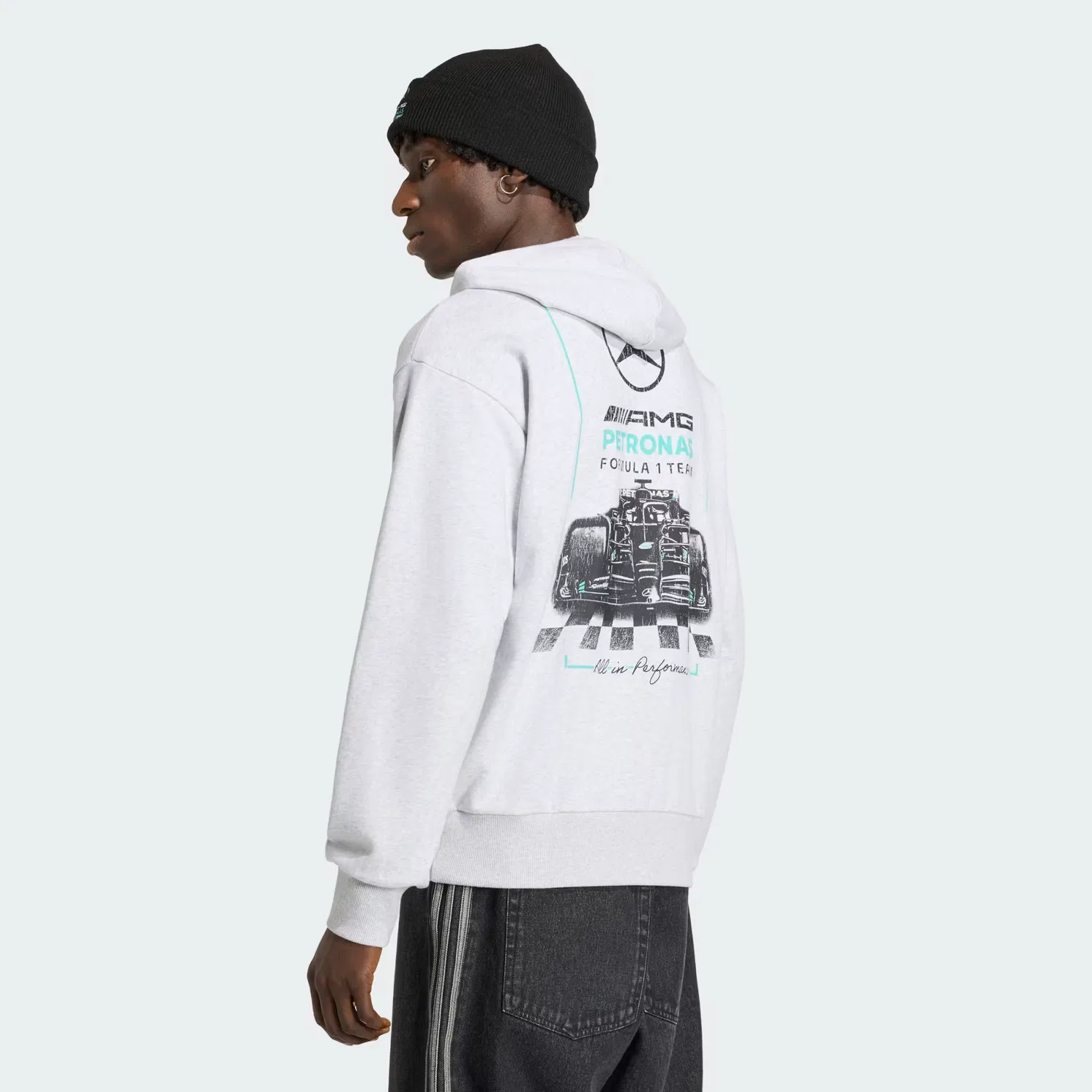 Мужское худи с принтом Mercedes-AMG Petronas Formula 1 Team Graphic Hood 02 Adidas Performance, светло-серый меланж — фото 3