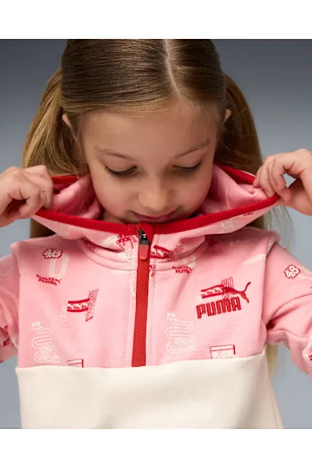 Детские свитшот для девочек с принтом Little Runners Half-Zip Kids Crew Neck Puma, Alpine Snow White — фото 2