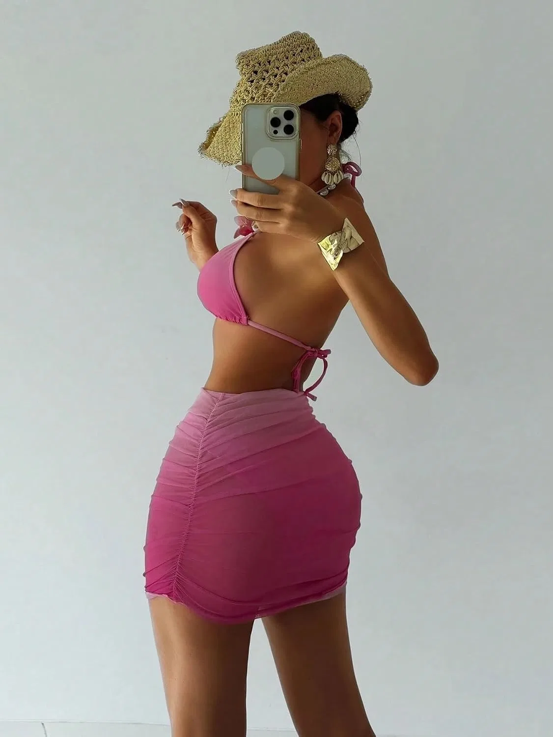 Женский бикини-комплект с завязками на спине и юбкой из шифона, Pink — фото 3