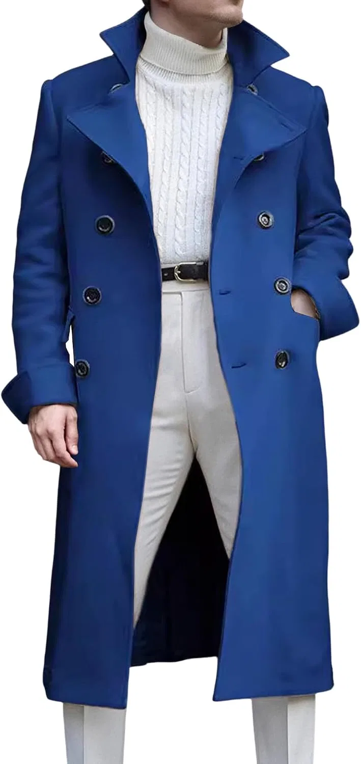 Мужское пальто-тренч с двубортной застежкой, Slim Fit, синий