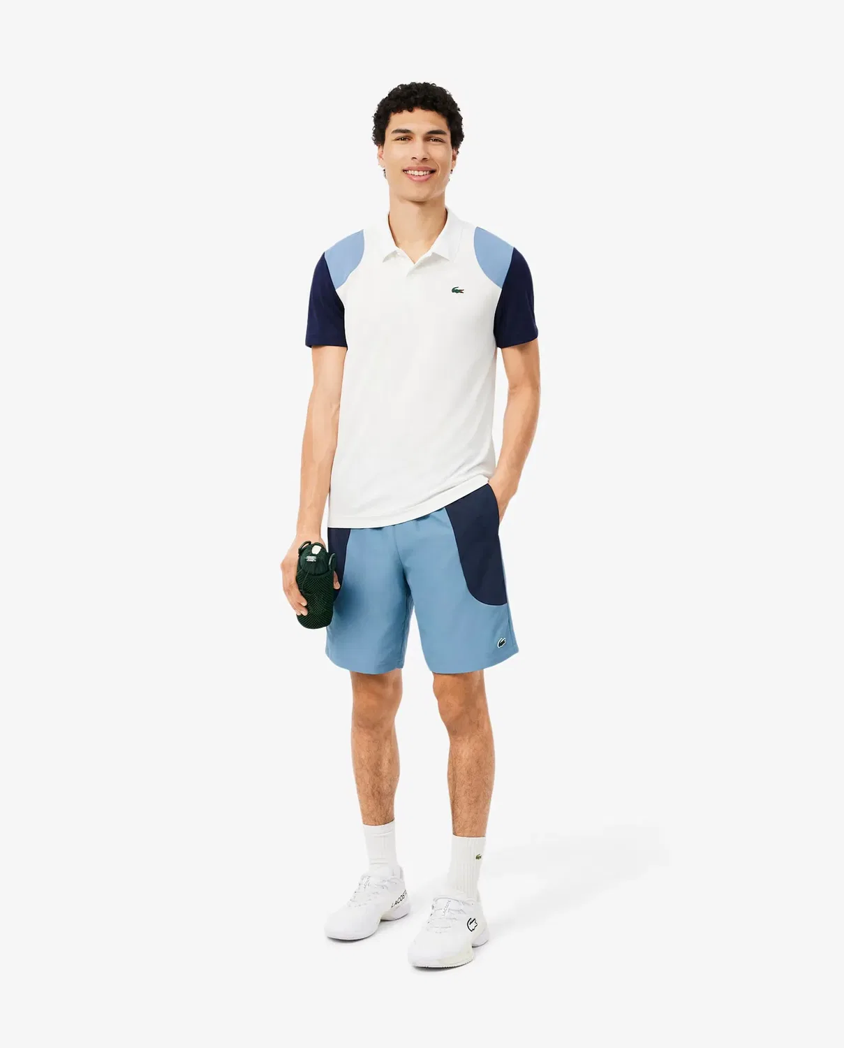 Мужские спортивные шорты водоотталкивающие с цветными блоками Lacoste, Blanco / Azul — фото 4