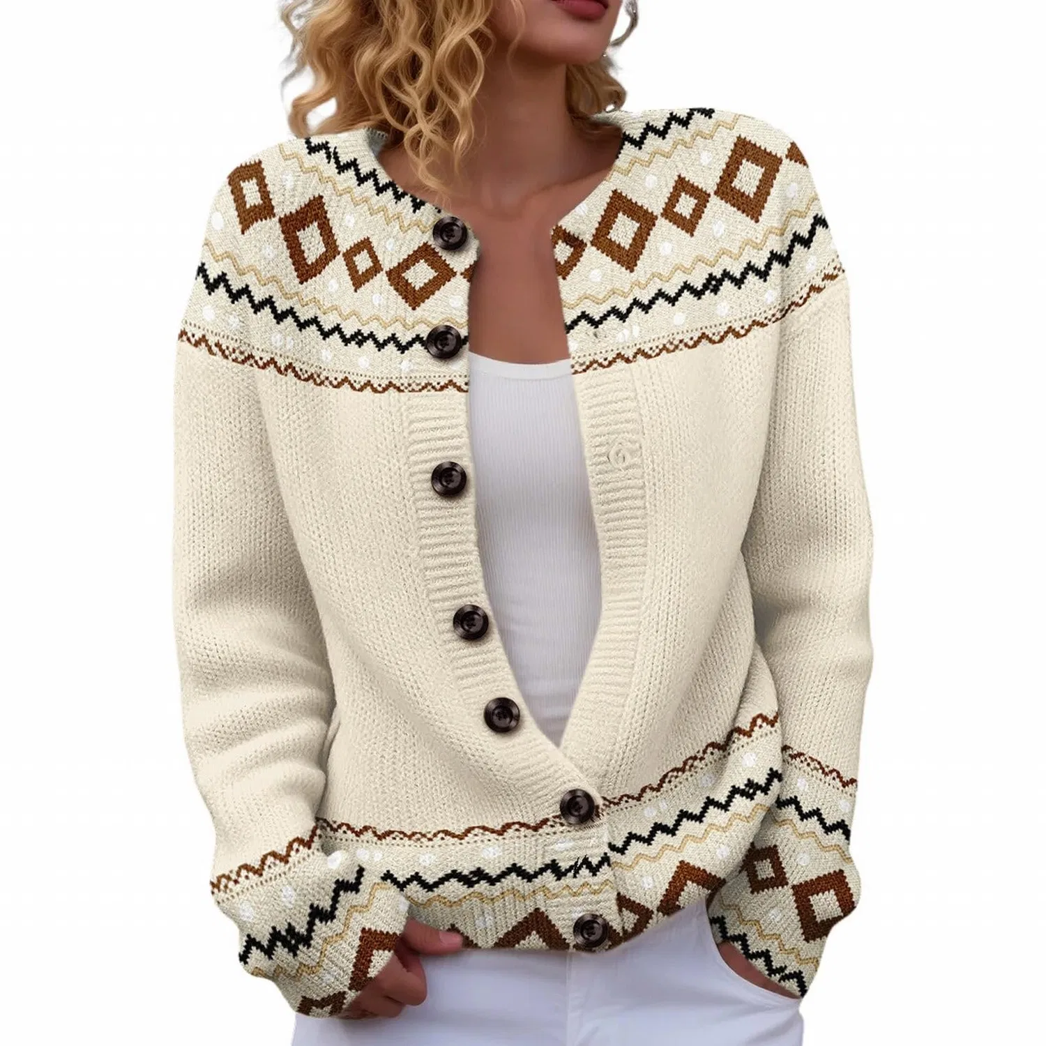 Женский кардиган с принтом Fair Isle, 02#beige