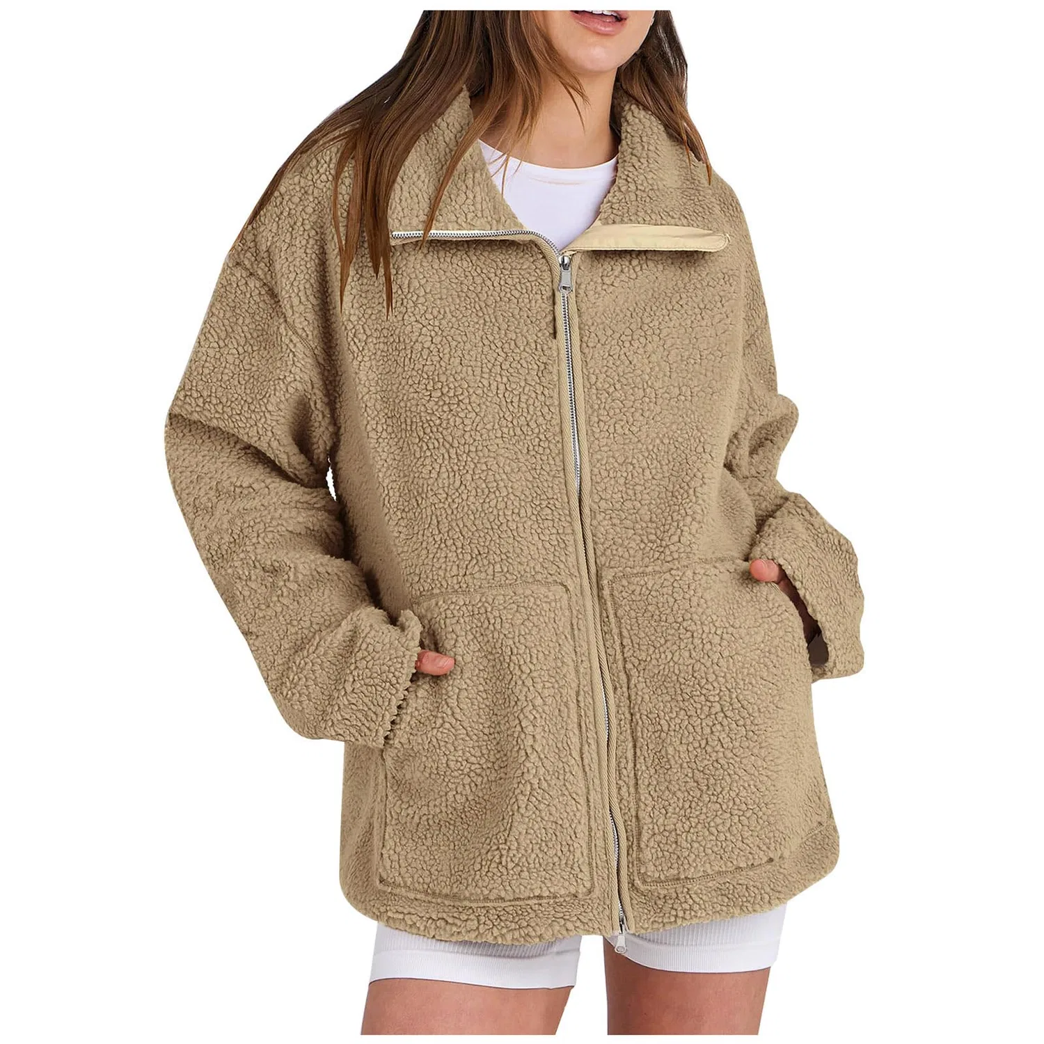 Женское зимнее пальто с флисом и воротником-стойкой, dark khaki
