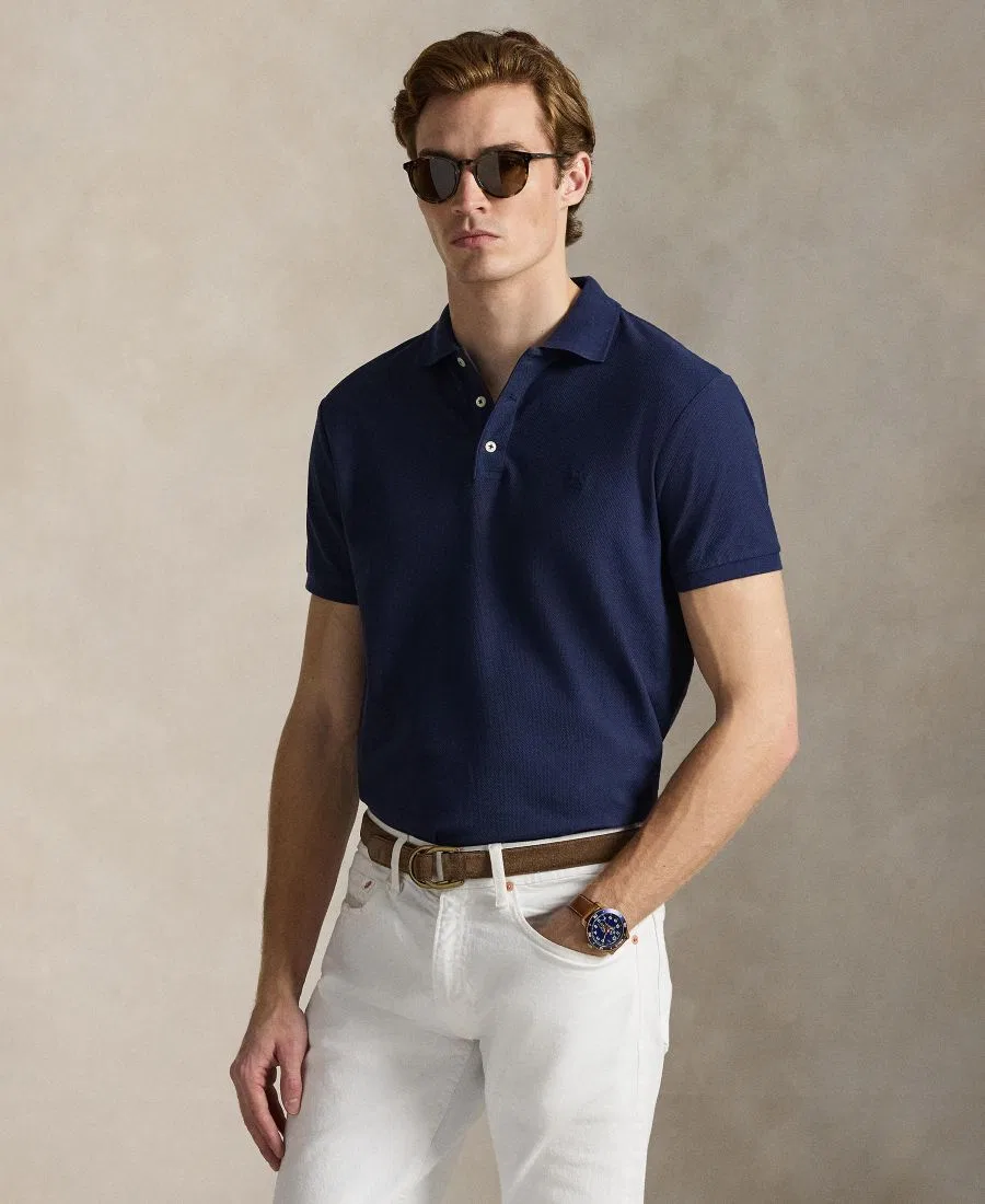 Мужское поло с коротким рукавом Custom Slim-Fit Honeycomb-Mesh Polo Ralph Lauren, Cruise Navy
