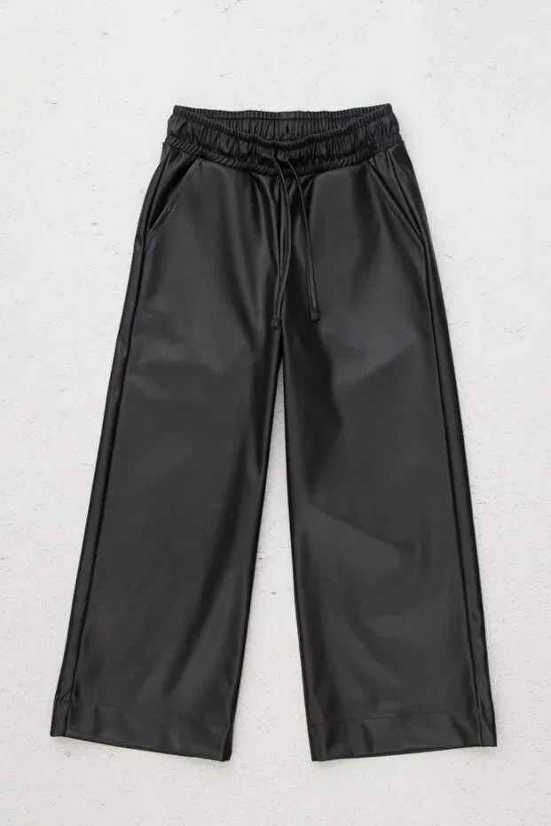 Детские брюки для девочек широкие с завышенной талией на шнурке Laced elastic waist wide leg high waist leather palazzo Dmb Boys & Girls, Black — фото 4