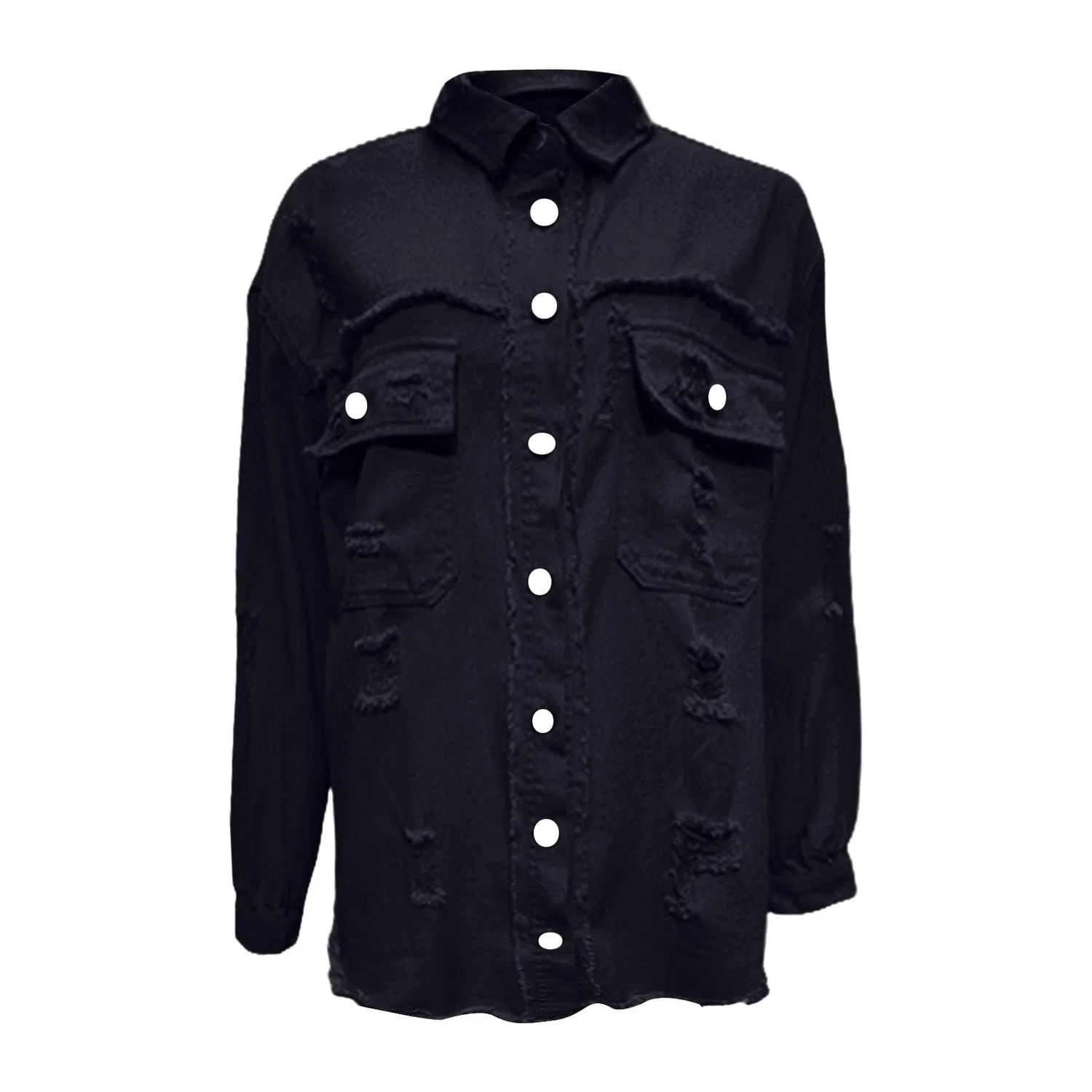 Женская джинсовая куртка с принтом, модель Giacche di jeans da donna alla moda colletto con risvolto button down cappotti in denim invecchiato strappato cowboy abito western manica lunga camicia chambray giacche leggere orlo sfrangiato Jean, Ner... — фото 3