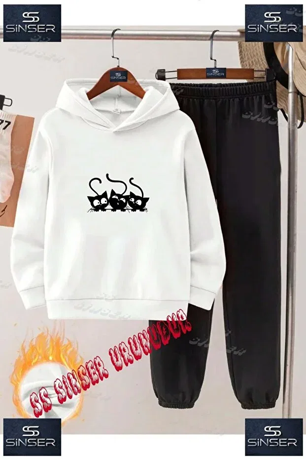 Детский спортивный костюм с принтом Kara 3lu Cat Ss Sinser, White - Black