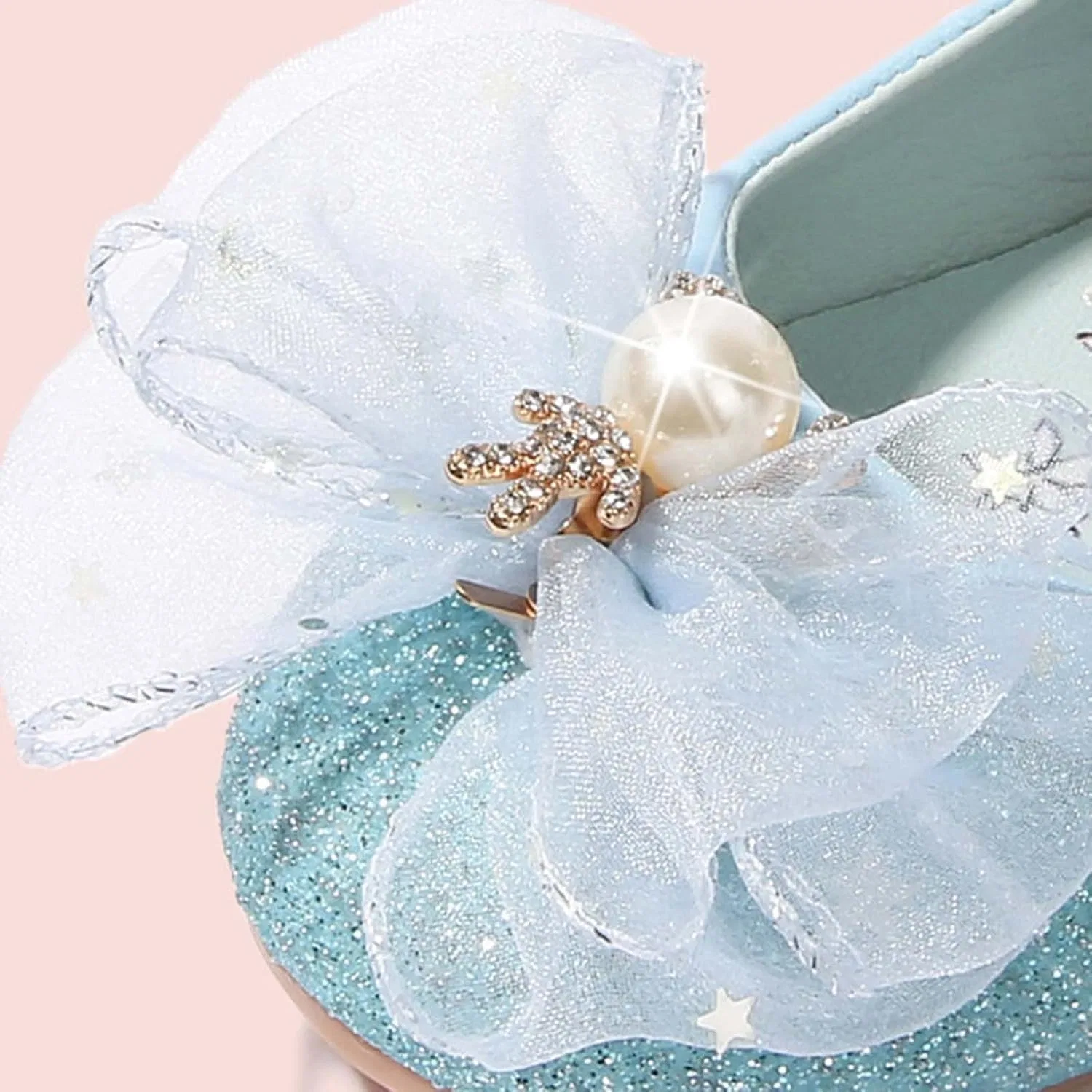Детские кожаные туфли для девочек с блестками Blue Flat Single Shoes, Sky Blue — фото 4