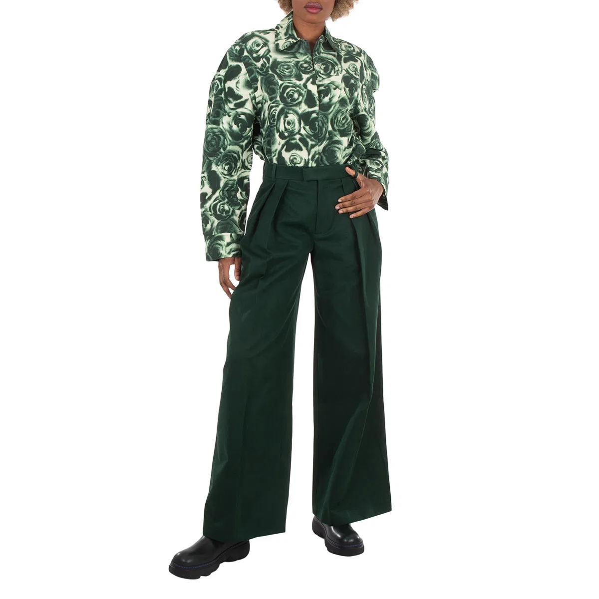Брюки широкие с защипами из хлопка Wide Leg Pleated-Detail Cotton Trousers Burberry, Ivy — фото 4