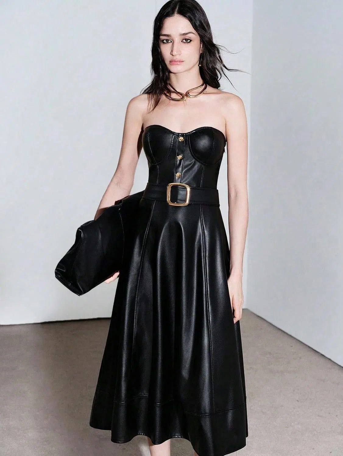 Женское повседневное платье миди A-силуэта с поясом PU Leather, Black — фото 2