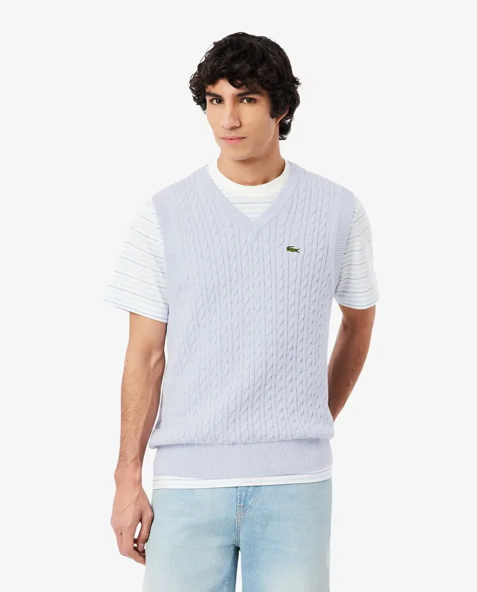 Мужской вязаный жилет с узором «косички» Lacoste, Azul Claro