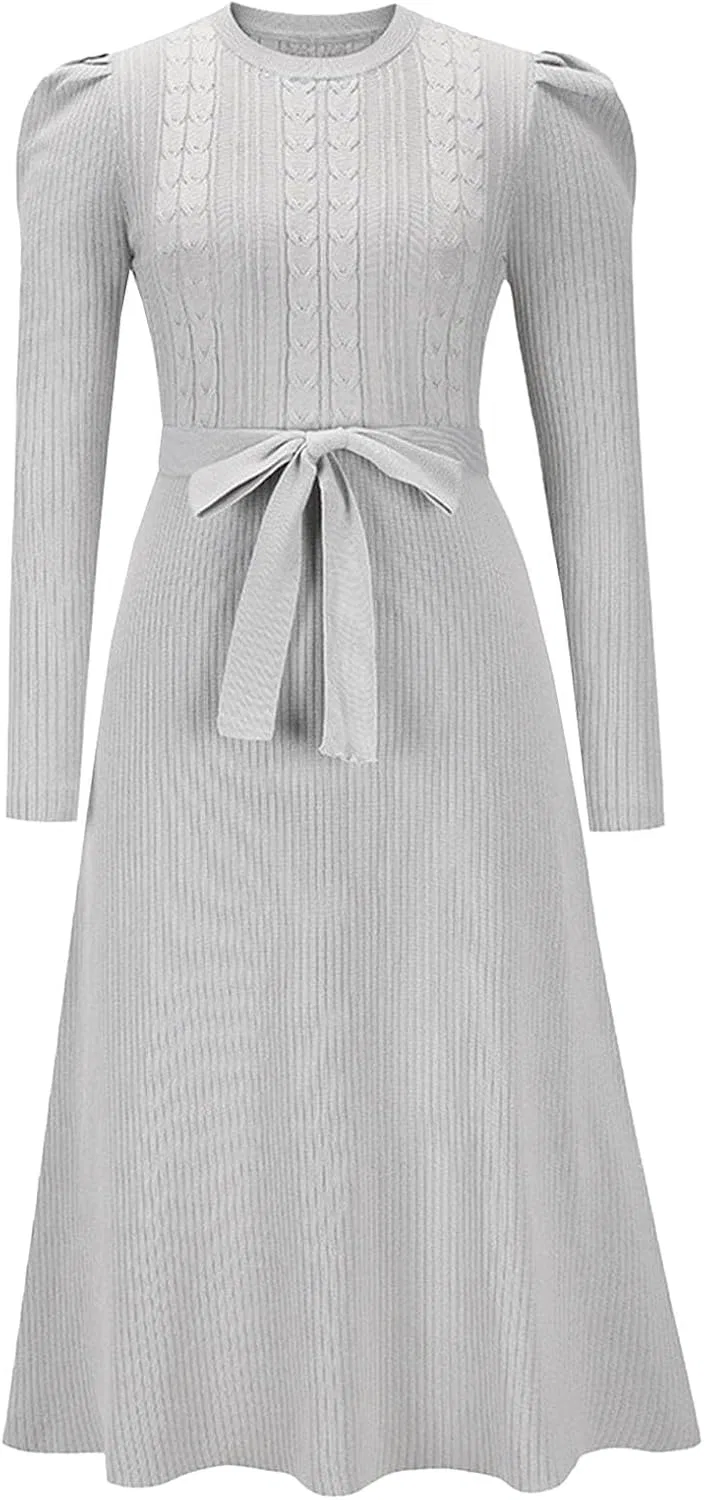 Женское платье-свитер с поясом на талии, Long Sleeve Tie Waist, Gray