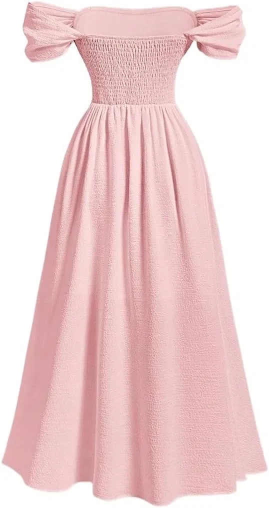 Женское платье с открытыми плечами A-силуэта миди, Pink — фото 3