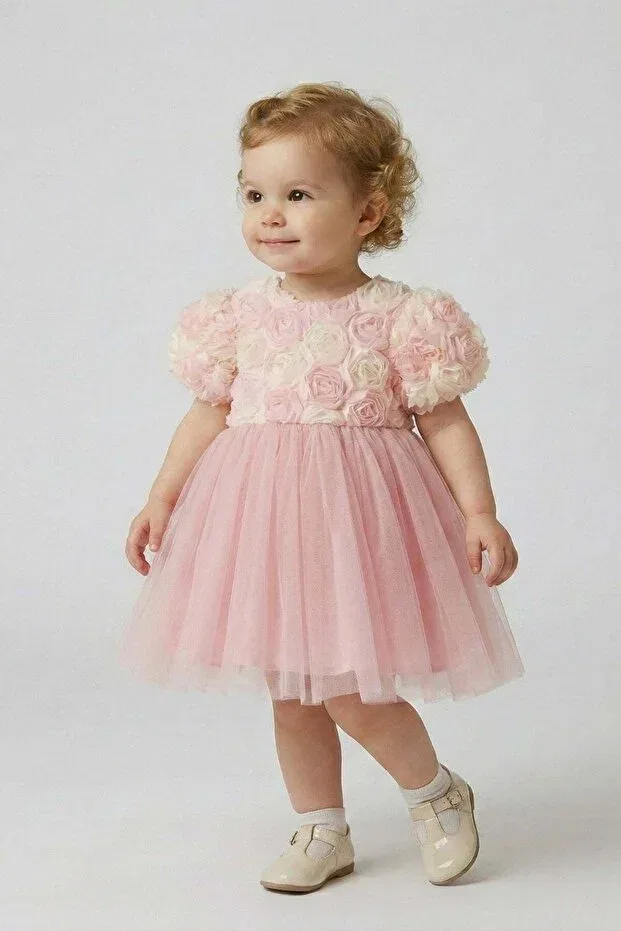 Детское платье для девочек с принтом Rose Detailed Bowknot Baby Evening Dress Cantoy, Powder