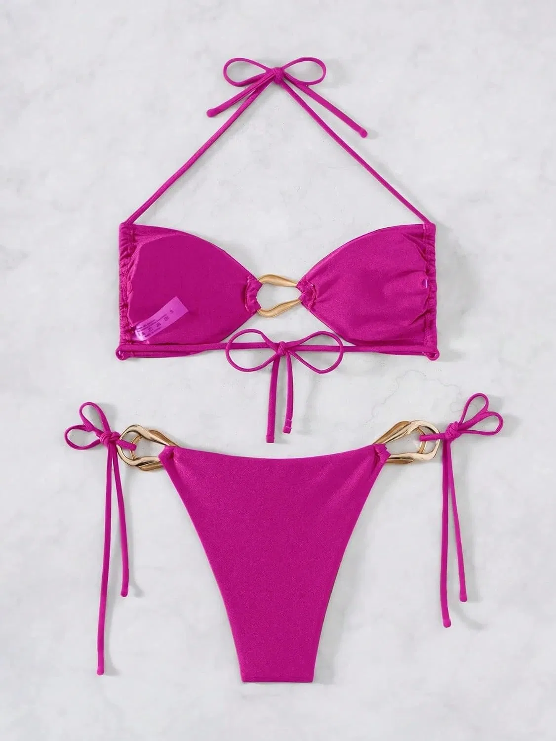 Женский бикини-комплект с высокой талией и завязками, Hot Pink — фото 3