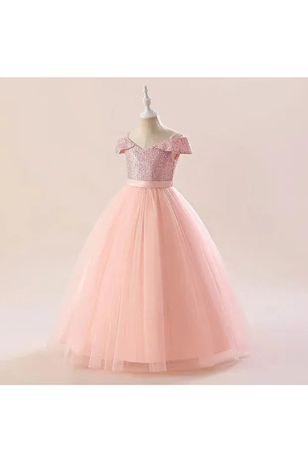 Детское платье для девочек с пайетками Elegant sequined off the shoulder tulle dress princess gown Tomac, Powder — фото 2
