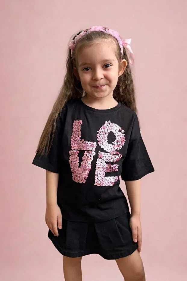 Детская футболка для девочек с пайетками с принтом 2474 girl's black sequin slogan t-shirt Kübra Tekstil, Black