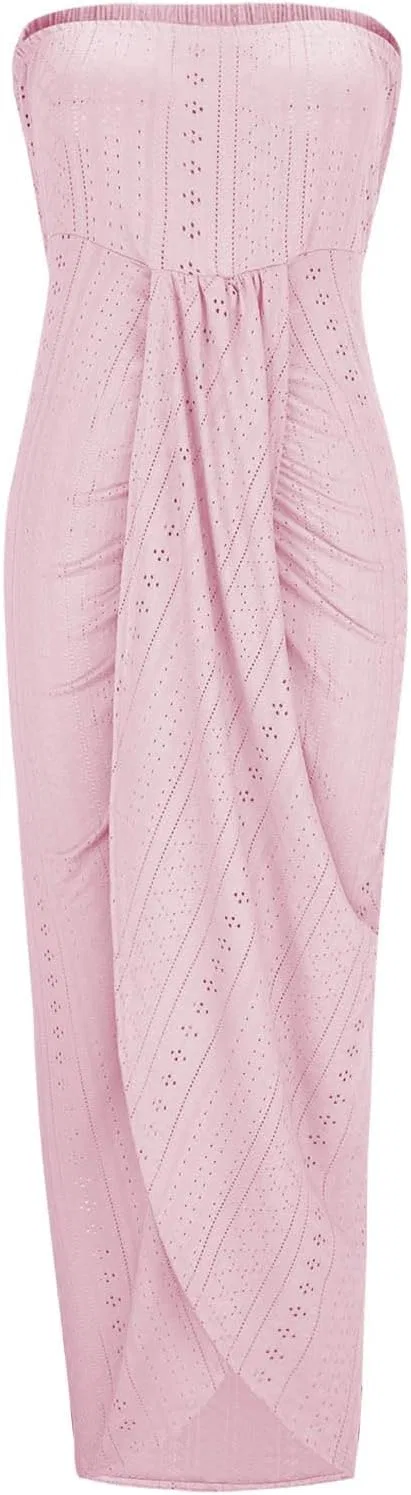 Женское летнее платье-миди без бретелек с разрезом Eyelet, Pink — фото 4