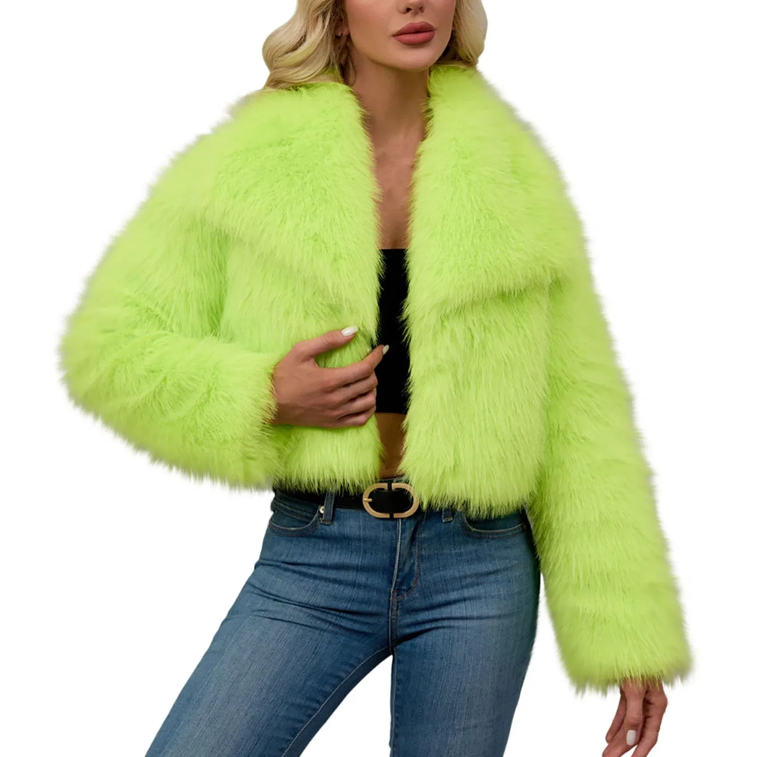 Женское пальто из искусственного меха с длинным рукавом, с принтом, модель Faux Fur Jackets, B verde