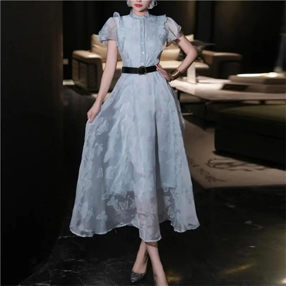 Женское платье-трапеция с воротником-стойкой и поясом, миди, Slim Fit, синий — фото 2
