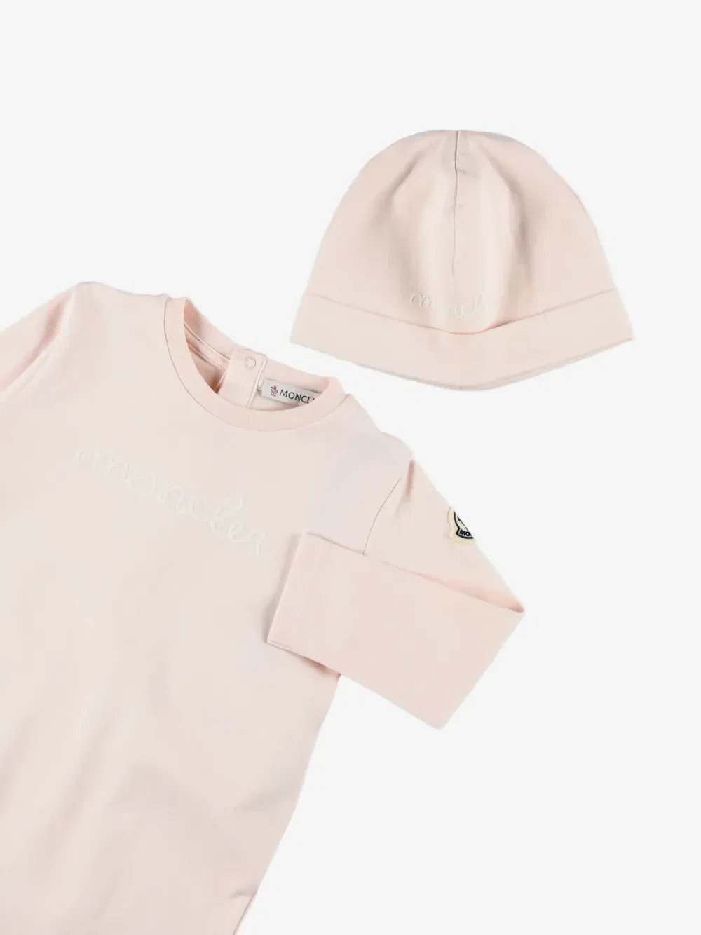 Комплект из пижамы и шапки бини с вышитым логотипом Moncler Enfant, розовый — фото 3