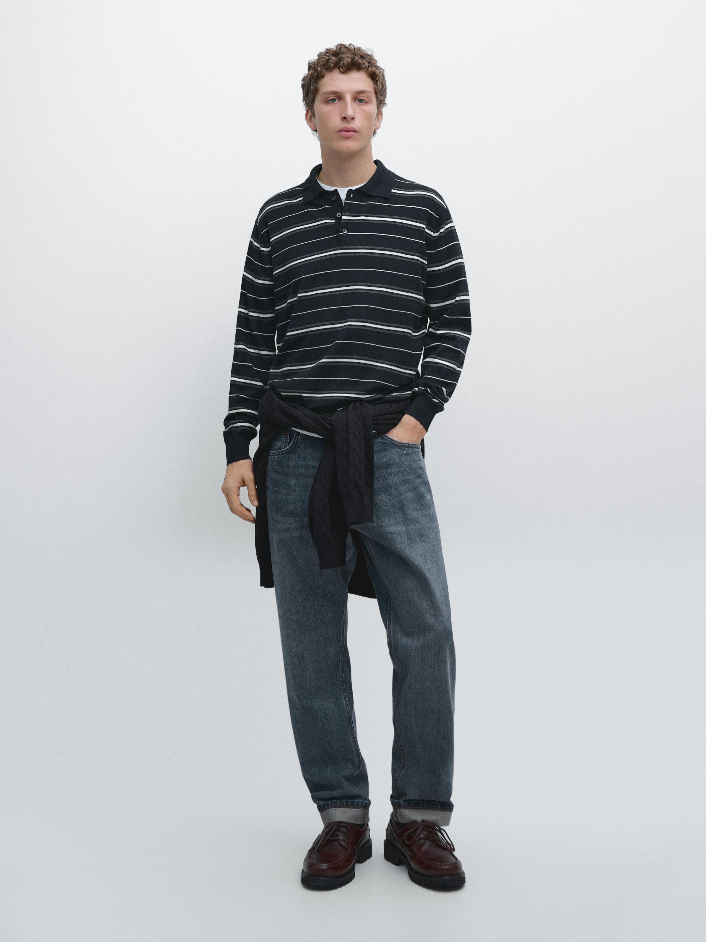 Вязаный свитер-поло в полоску из хлопковой смеси Massimo Dutti, navy blue