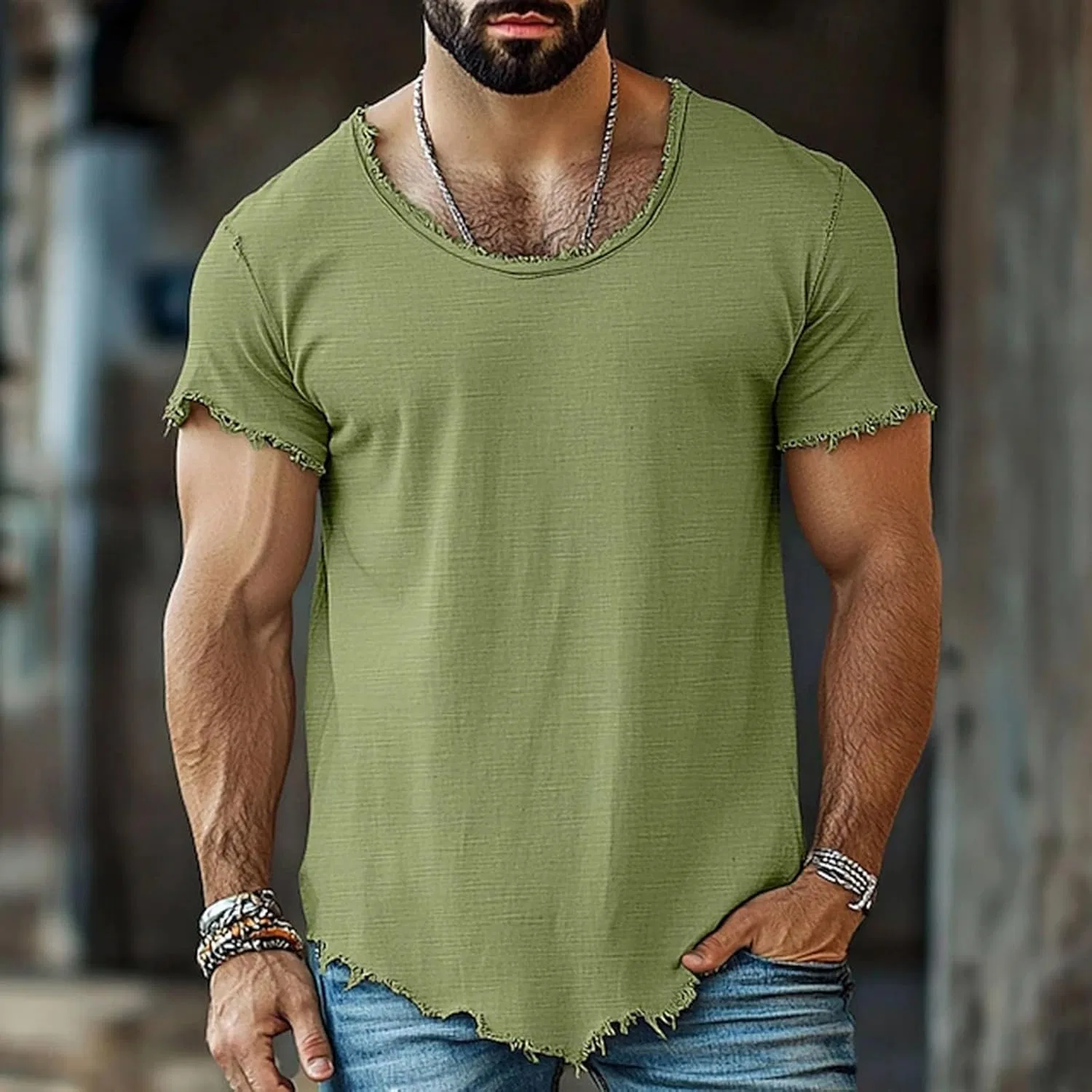 Мужская футболка с коротким рукавом из хлопка и льна Miyaomn, Army Green — фото 2