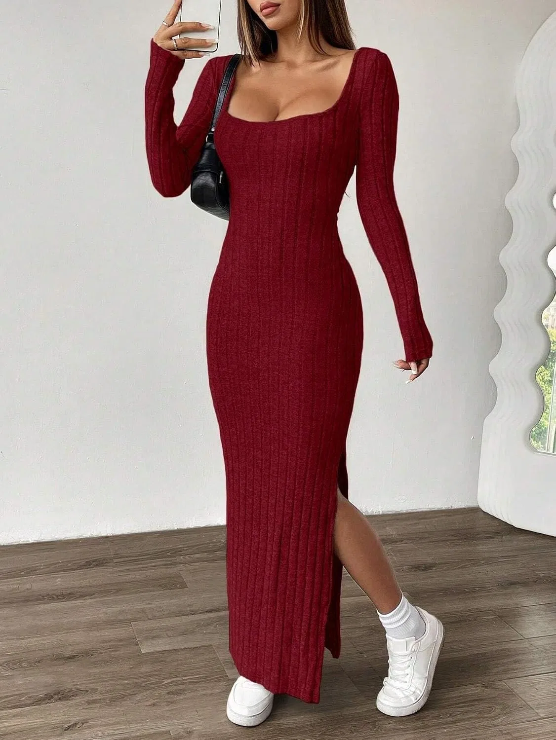 Женское повседневное платье с разрезом Bodycon, Burgundy — фото 4