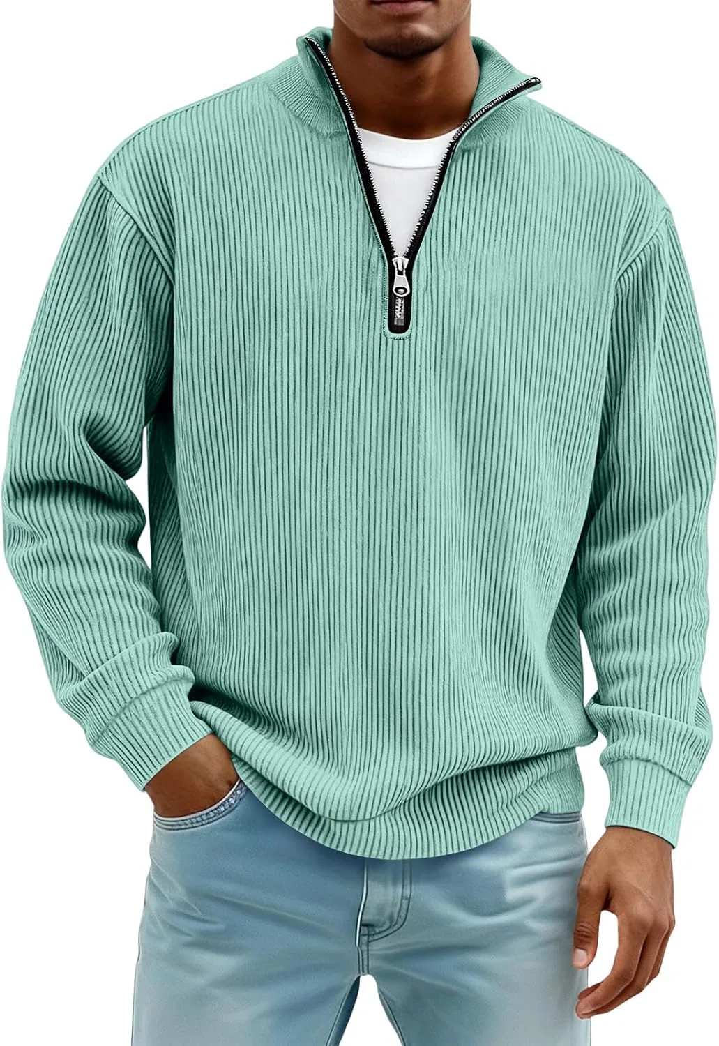 Мужская длинная футболка с воротником-поло Henley Regular Fit, Mint Green