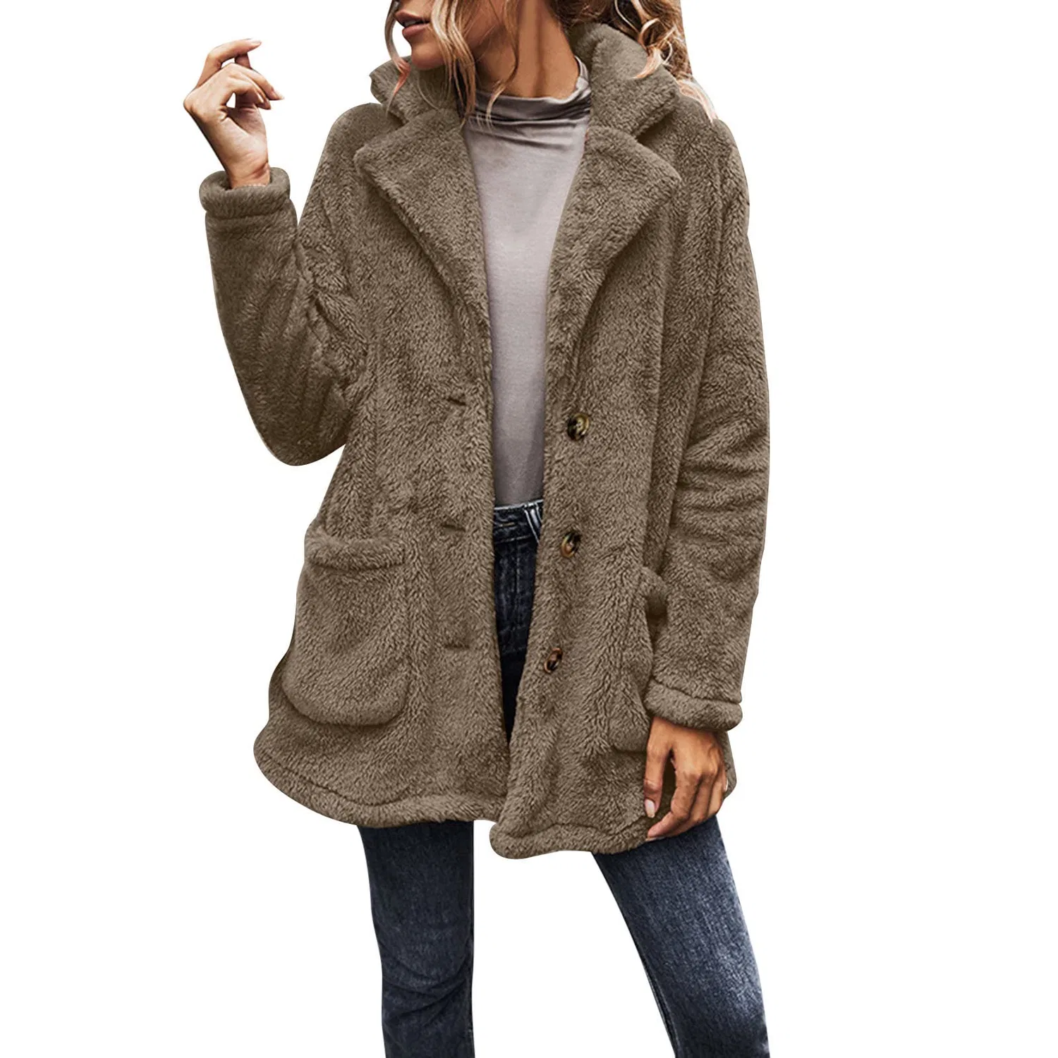 Женское пальто из искусственного меха с длинным рукавом, модель Fuzzy Fleece Jacket, A