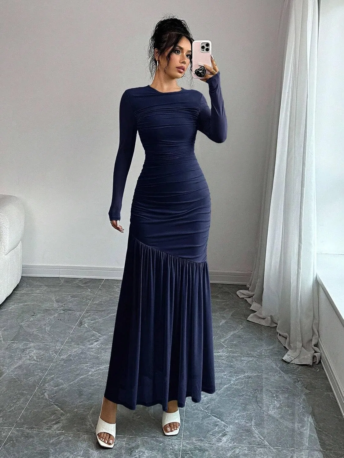 Женское длинное платье-бодикон с длинным рукавом, Navy Blue — фото 4