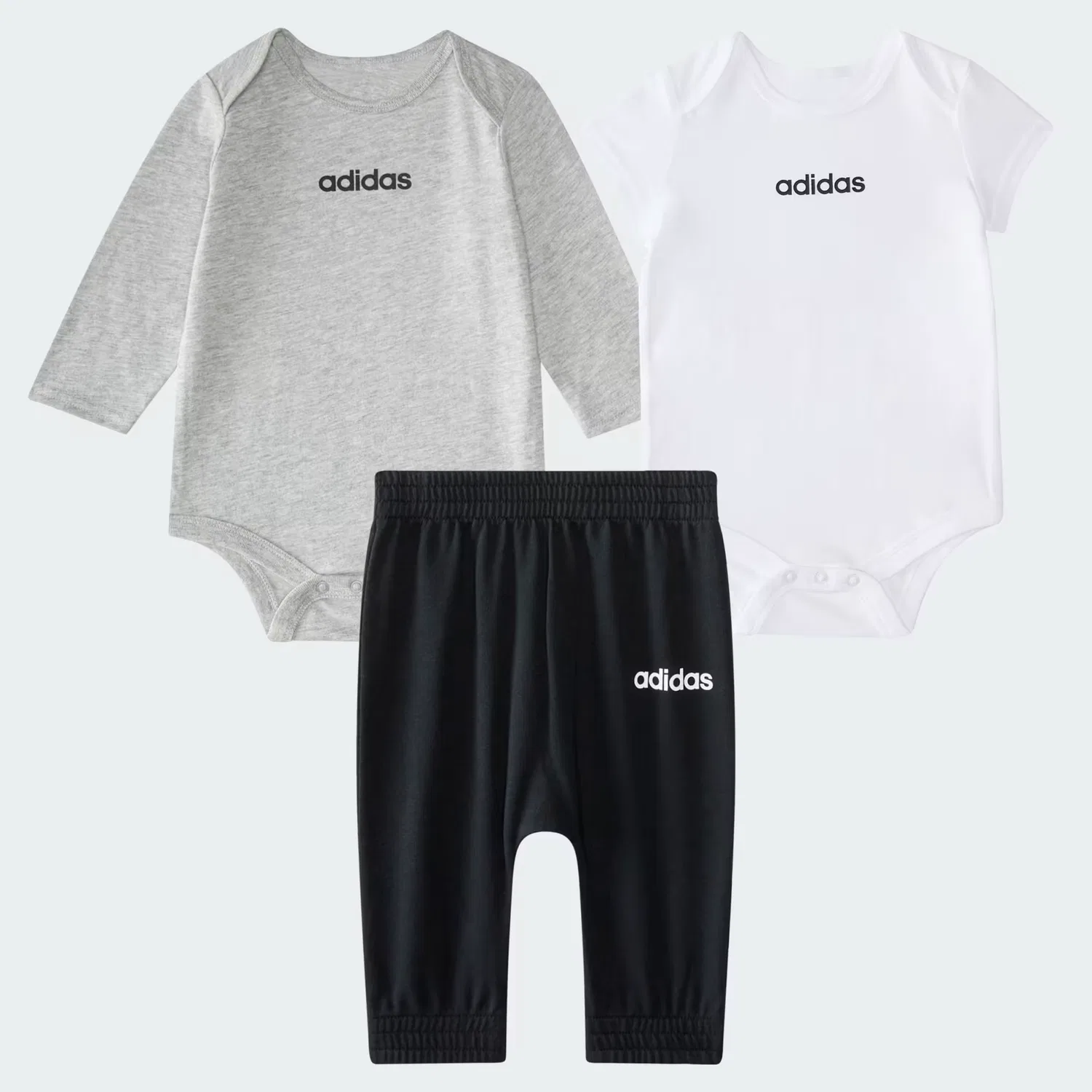 Детский комплект из 2 боди и штанов с логотипом, ADI 3PC LOGO HTR BDYST PNT ST, Adidas Sportswear, серый меланж
