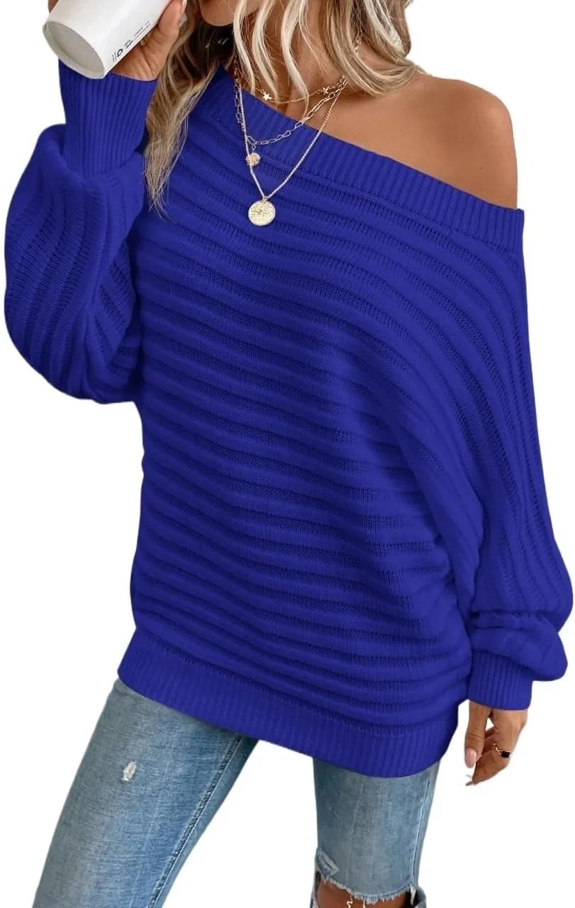 Женский свитер с рукавом летучая мышь и лодочкой, модель Pullover Fall Boat Neck Batwing Long Sleeve Sweater Blouse Tops, синий
