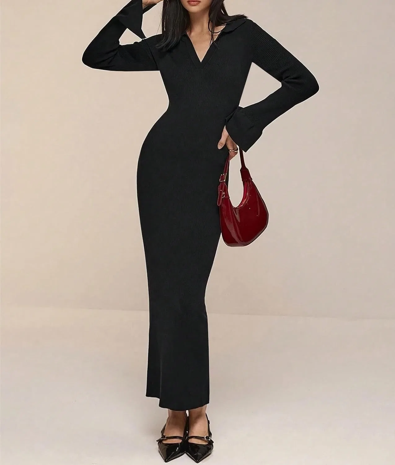 Женское элегантное платье-макси с длинным рукавом Slim Fit, Black — фото 4
