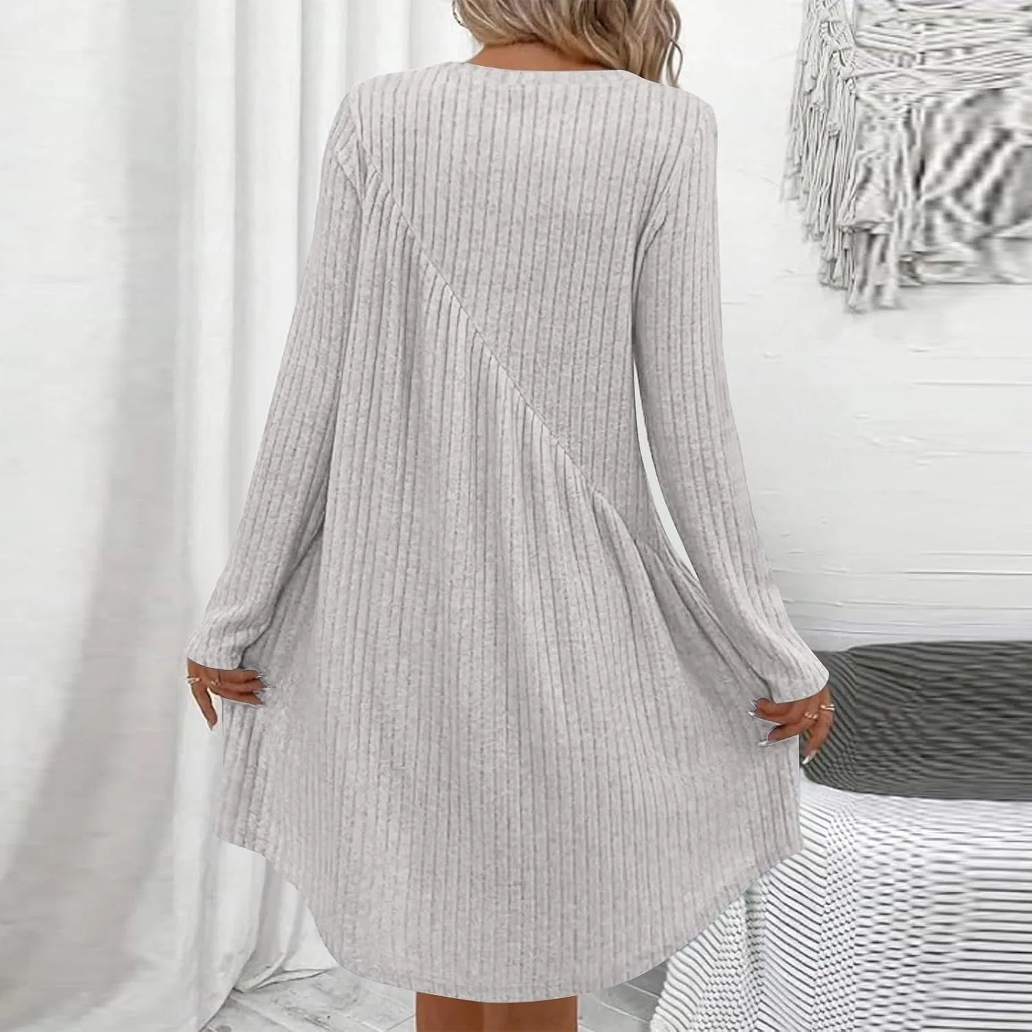 Женское платье-свитер с круглым вырезом Long Sleeve, D003-light Gray — фото 3