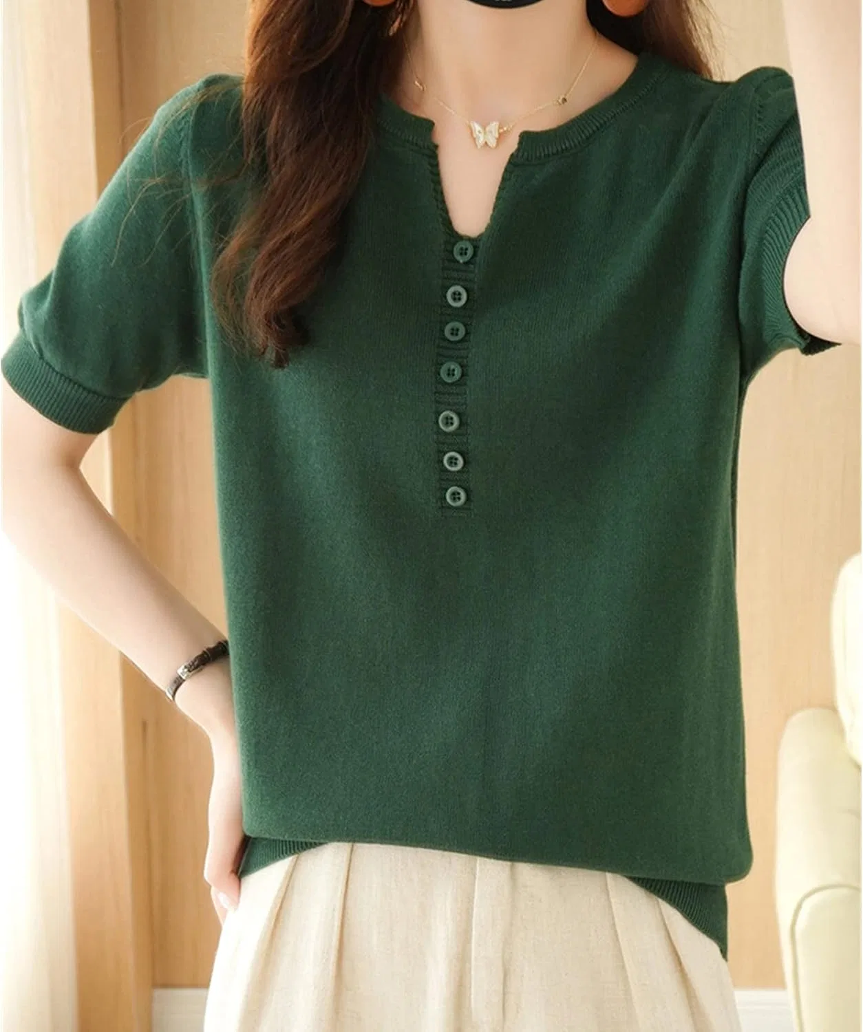 Женская футболка с V-образным вырезом в рубчик Henley, Green — фото 2