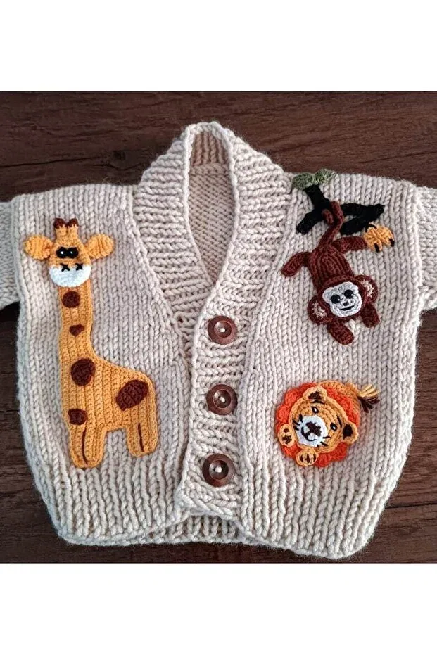 Детский кардиган с длинным рукавом Hand Knitted Forest Animals Figured Baby Kids Cardigan El Örgüsü, Beige — фото 2