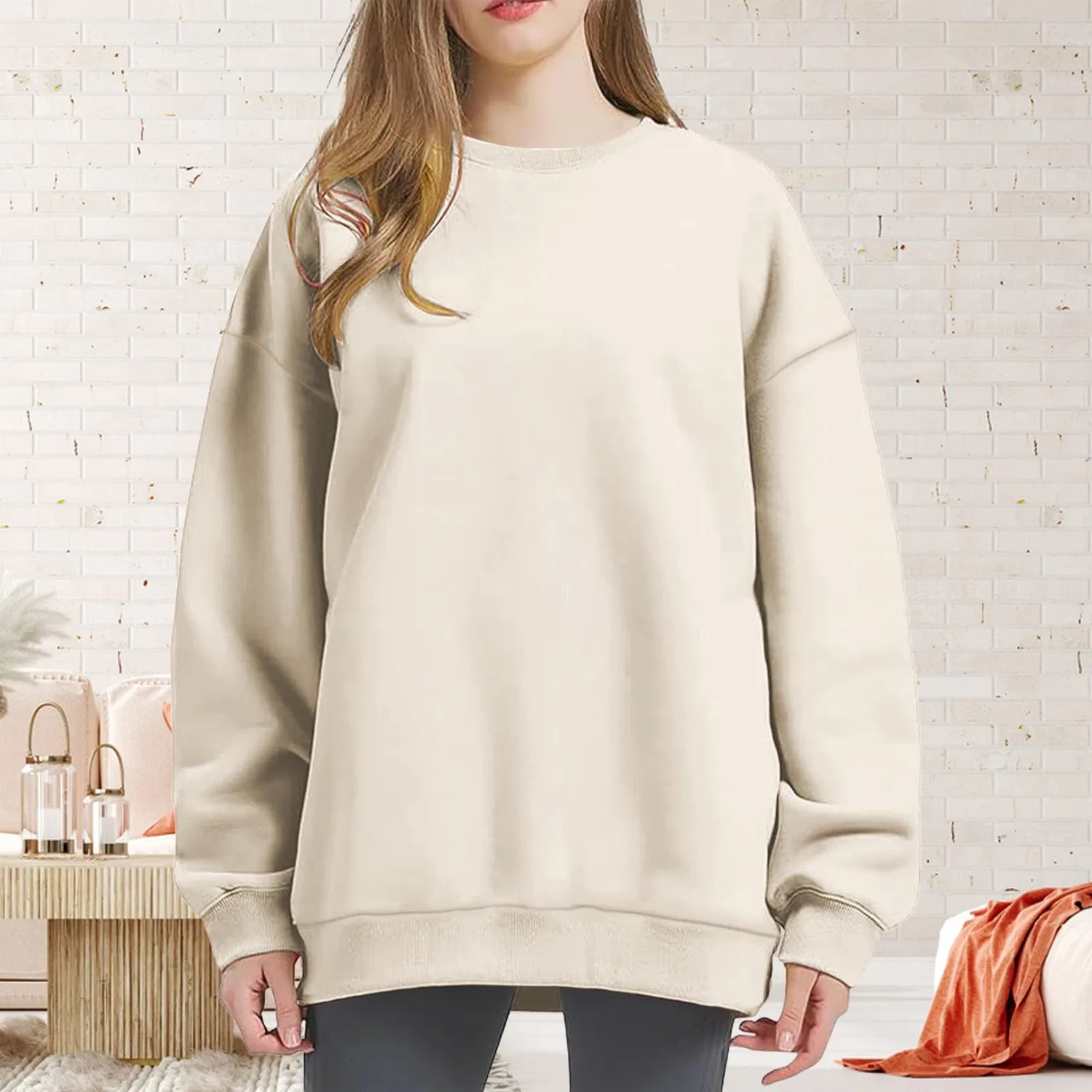 Женский свитшот с капюшоном и длинным рукавом, свободного кроя, Beige — фото 2