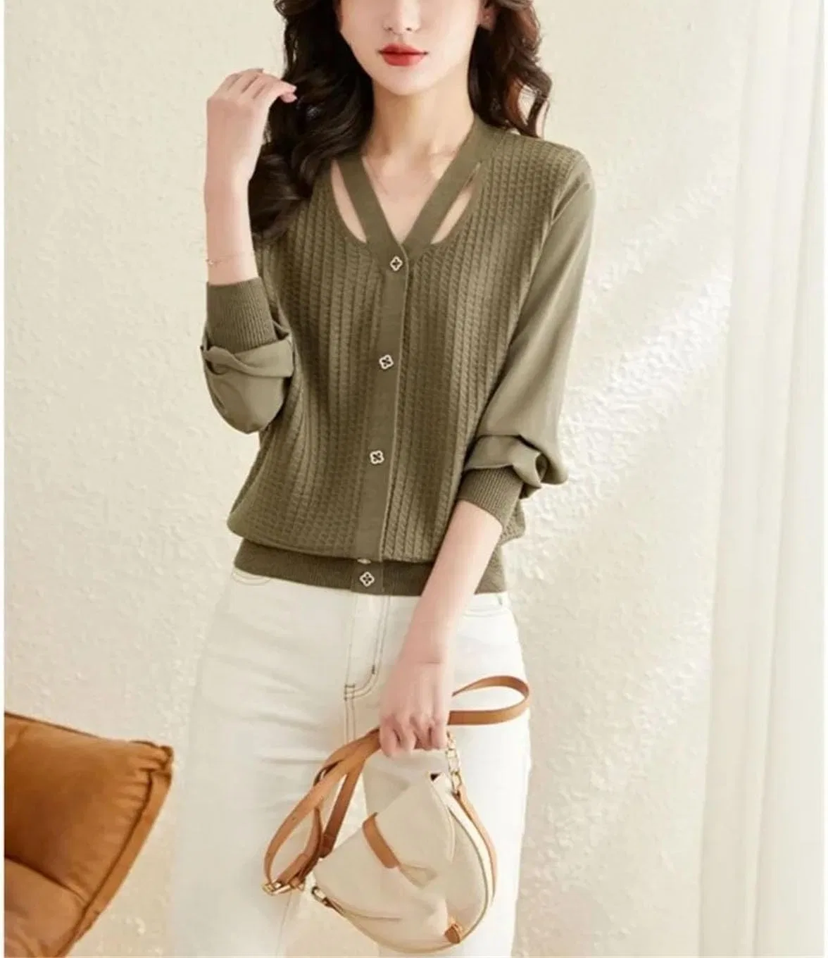Женский кардиган с V-образным вырезом, с длинным рукавом, модель Retro Versatile, Matcha Green — фото 4