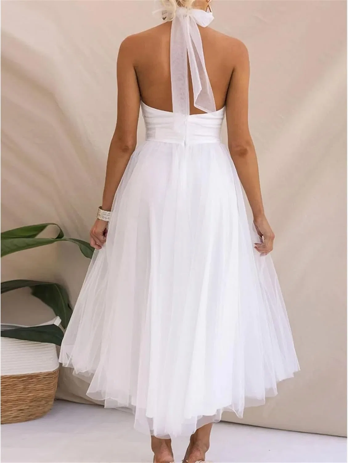 Женское вечернее платье макси с открытой спиной Halter Neck Tulle, Yellow — фото 4