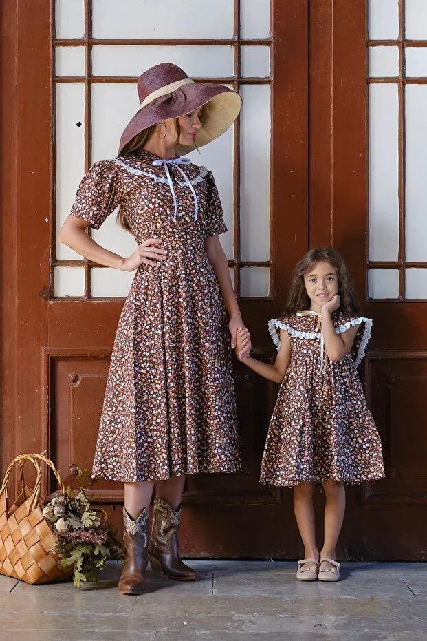 Детское платье для девочек с принтом Vintage mobile collared brown floral balloon sleeve flared mother-daughter design Küçüğüm Butik, Brown — фото 4
