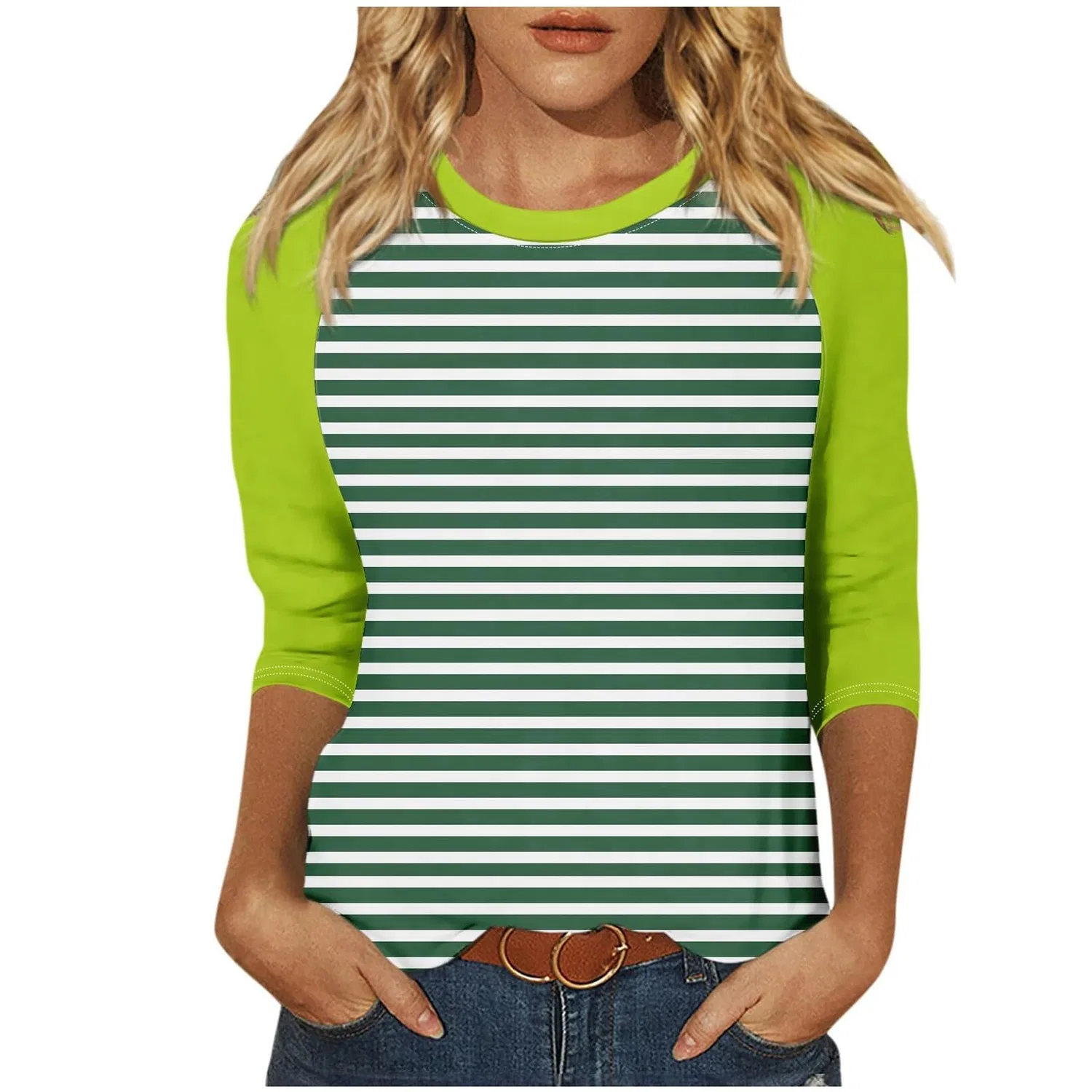Женская блуза с цветочным принтом Floral Print Round Neck Long Sleeve Lace Top, Green-3