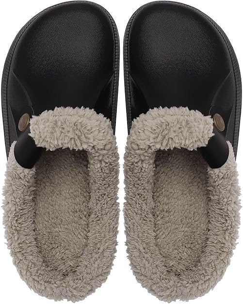 

JTQHB Флисовая подкладка сабо, мех, пушистые пушистые водонепроницаемые тапочки Женские и мужские зимние садовые туфли, теплые домашние тапочки, внутренние мулы, черный