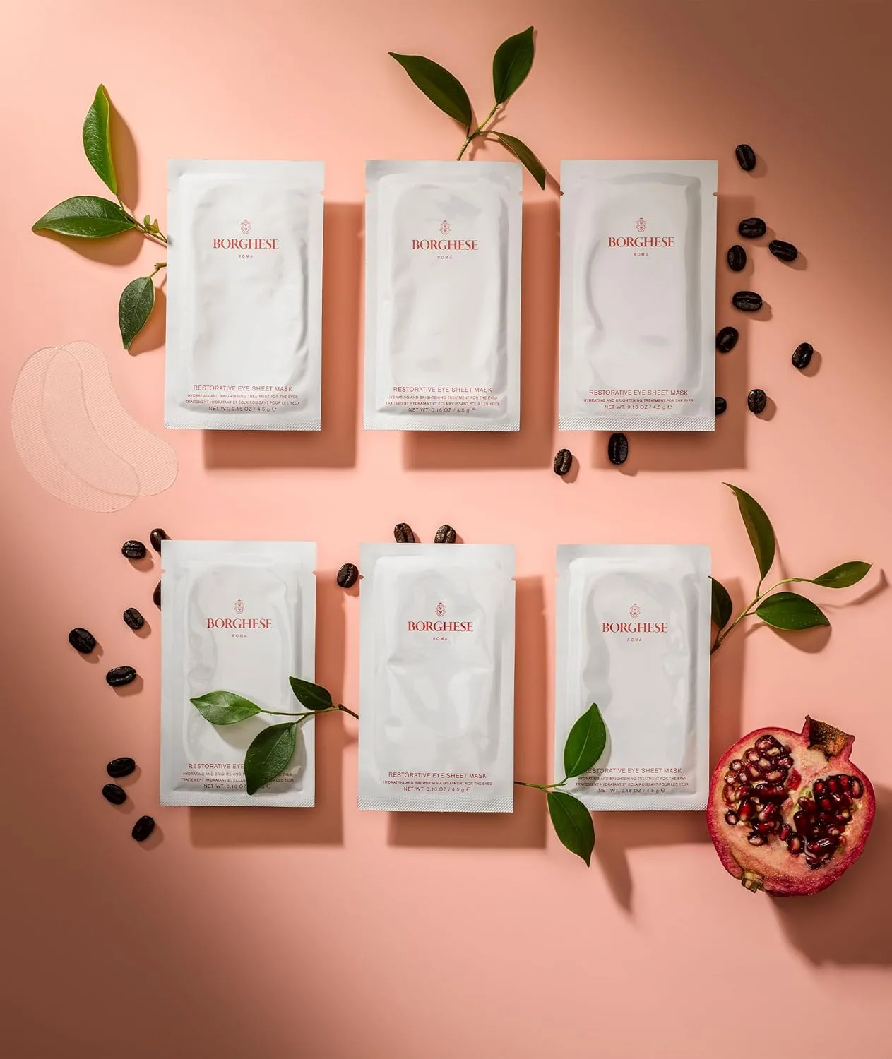 Borghese Restorative Eye Sheet Masks (6 пар) - успокаивающие, подтягивающие и увлажняющие патчи для глаз с кофеином, поддержка кожного барьера, для всех типов кожи 6 шт. (1 шт.), Olive — фото 2