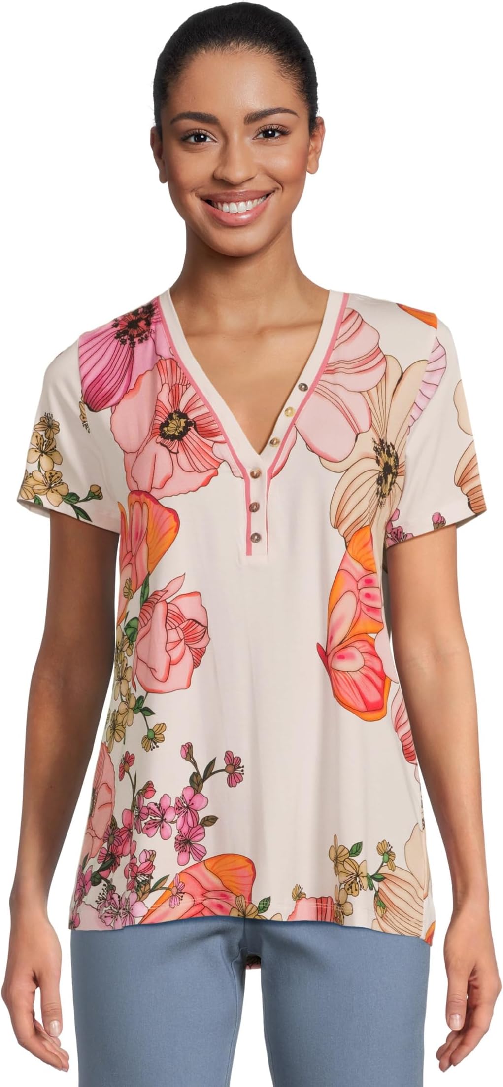 

Футболка Johnny Was The Janie Favorite Short Sleeve Henley Tee, цвет Rosabelia