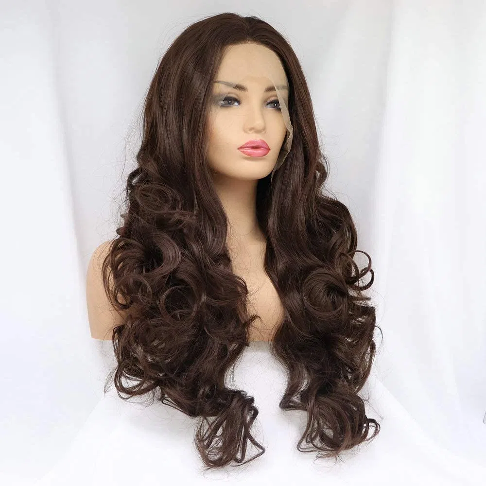 Длинный волнистый парик Lace Front из синтетических волос, 26 дюймов, натуральный коричневый Rainahair