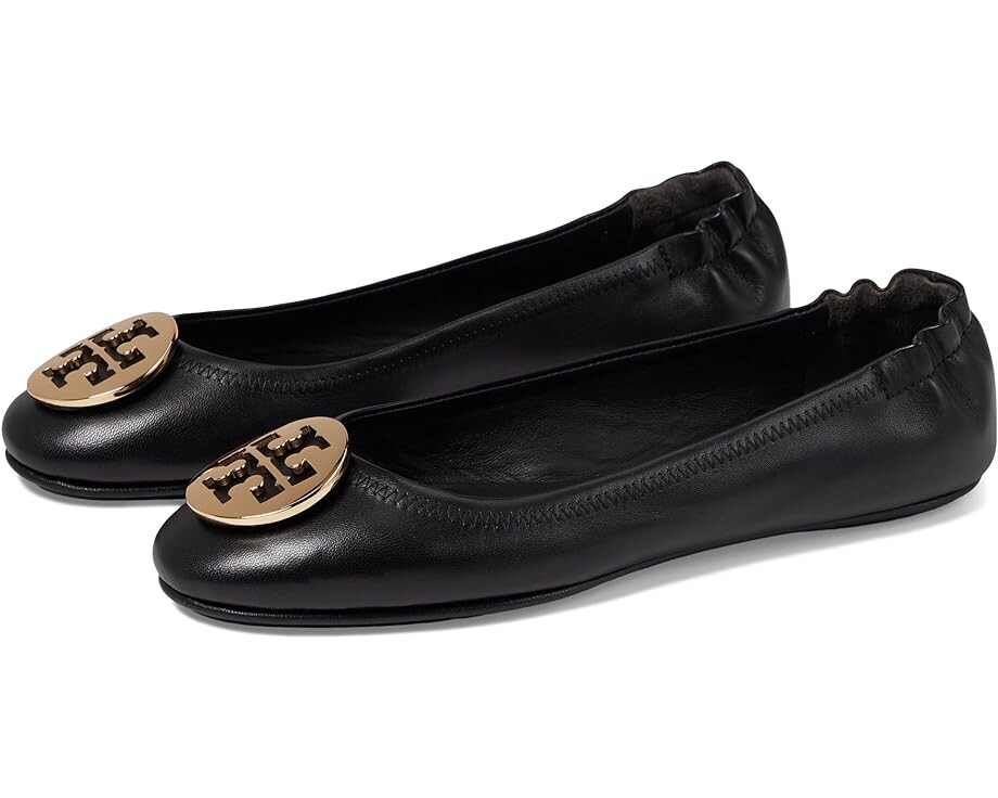 Туфли на плоской подошве Tory Burch Minnie Travel Ballet w/ Metal Logo, цвет Perfect Black/Gold